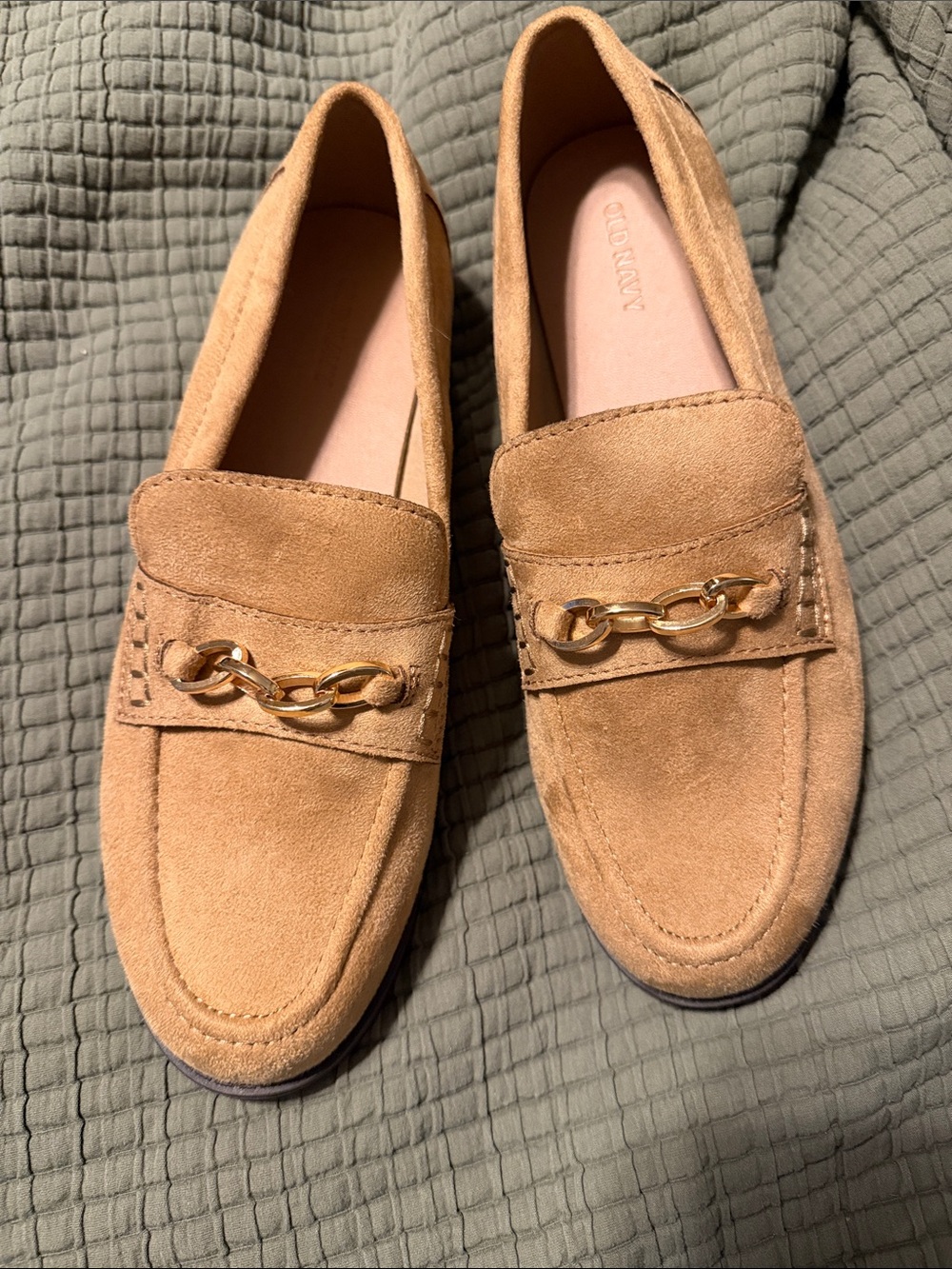 Old Navy Tan Suede Loafers with Gold Chain Accent